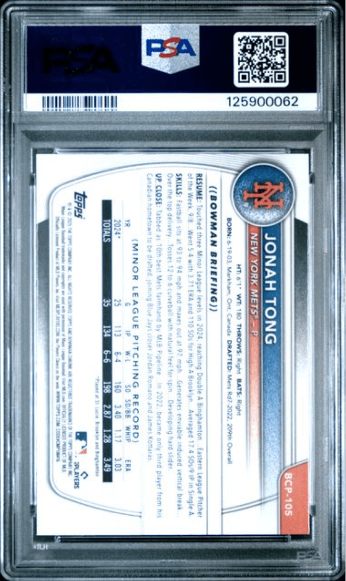 Graded 2025 Topps Bowman Sapphire Jonah Tong #BCP105 Chrome Prospects Rookie RC Baseball Card PSA 10 Gem Mint