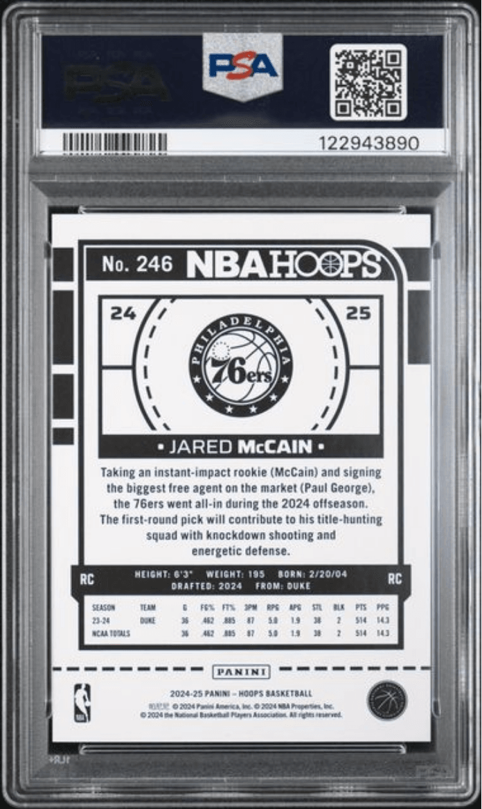 Graded 2024 Panini Hoops Jared McCain #246 Purple Explosion /110 Rookie RC Basketball Card PSA 10 Gem Mint