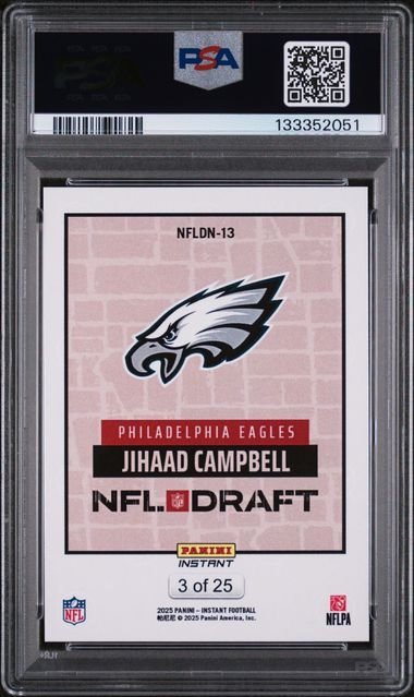 Graded 2025 Panini Instant Draft Night Beige Jihaad Campbell #NFLDN13 /25 Rookie RC Football Card PSA 9 Mint