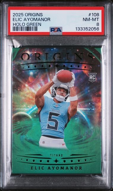 2025 Panini Origins Holo Green Elic Ayomanor #108 1/5 Rookie RC Football Card PSA 8 NM-MT
