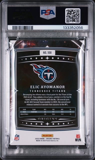 2025 Panini Origins Holo Green Elic Ayomanor #108 1/5 Rookie RC Football Card PSA 8 NM-MT