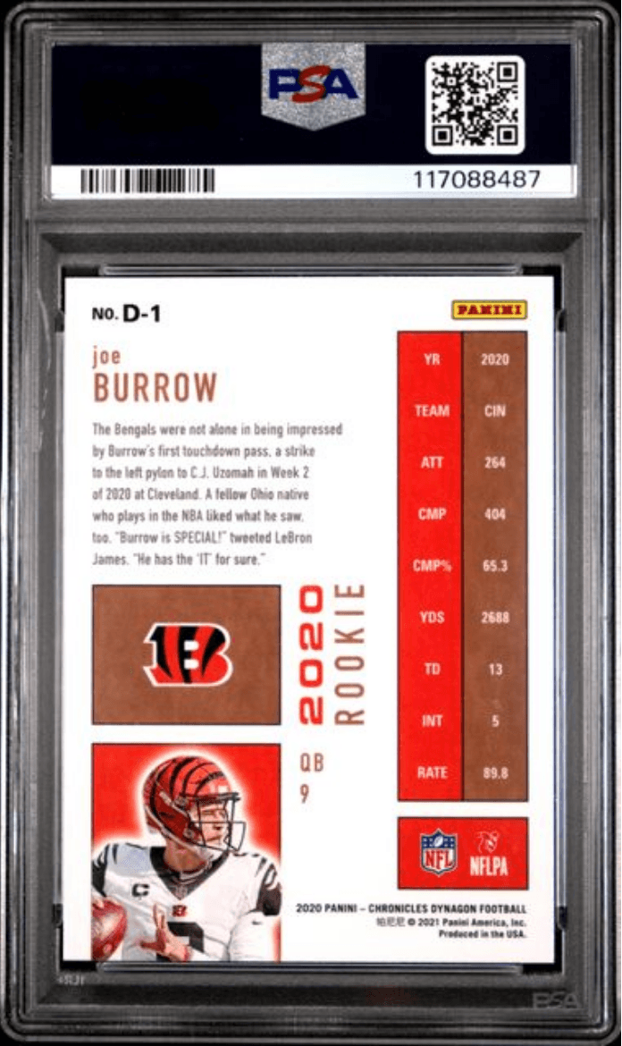 Graded 2020 Panini Chronicles Joe Burrow #D1 Dynagon Rookies Rookie RC Football Card PSA 10 Gem Mint