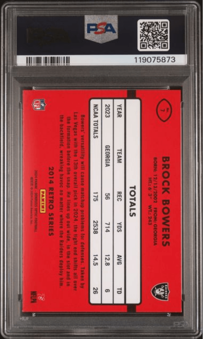 Graded 2024 Panini Donruss Optic Brock Bowers #7 2014 Retro Series Rookie RC Football Card PSA 10 Gem Mint