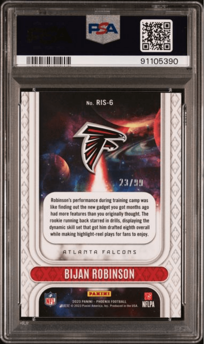 Graded 2023 Panini Phoenix Bijan Robinson #RIS6 Rookie Rising Orange /99 Rookie RC Football Card PSA 10 Gem Mint