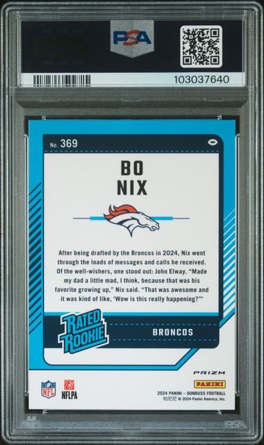 Graded 2024 Panini Donruss Bo Nix #369 Optic Preview Red & Green Rookie RC Football Card PSA 10 Gem Mint