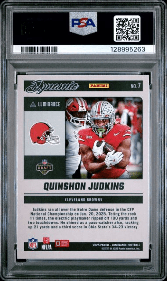 Graded 2025 Panini Luminance Quinshon Judkins #7 Dynamic Rookies Rookie RC Football Card PSA 10 Gem Mint