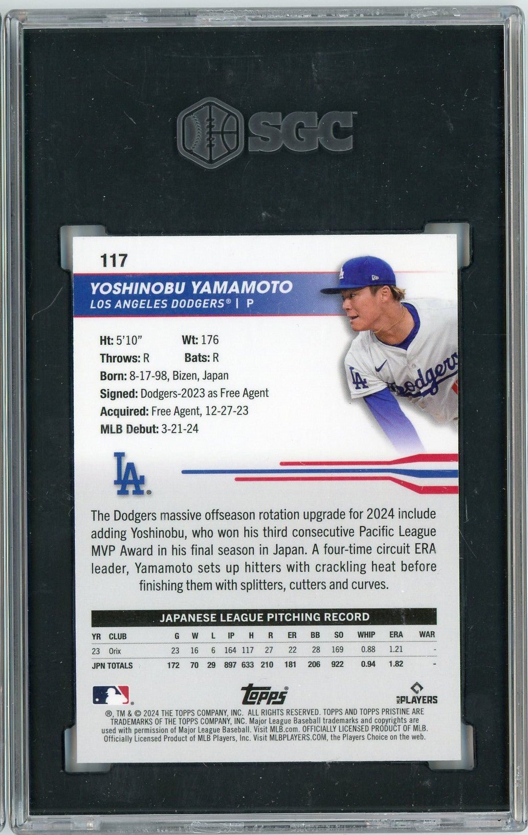 Graded 2024 Topps Pristine Yoshinobu Yamamoto #117 /99 Purple Refractor Rookie RC Baseball Card SGC 10 Gem Mint