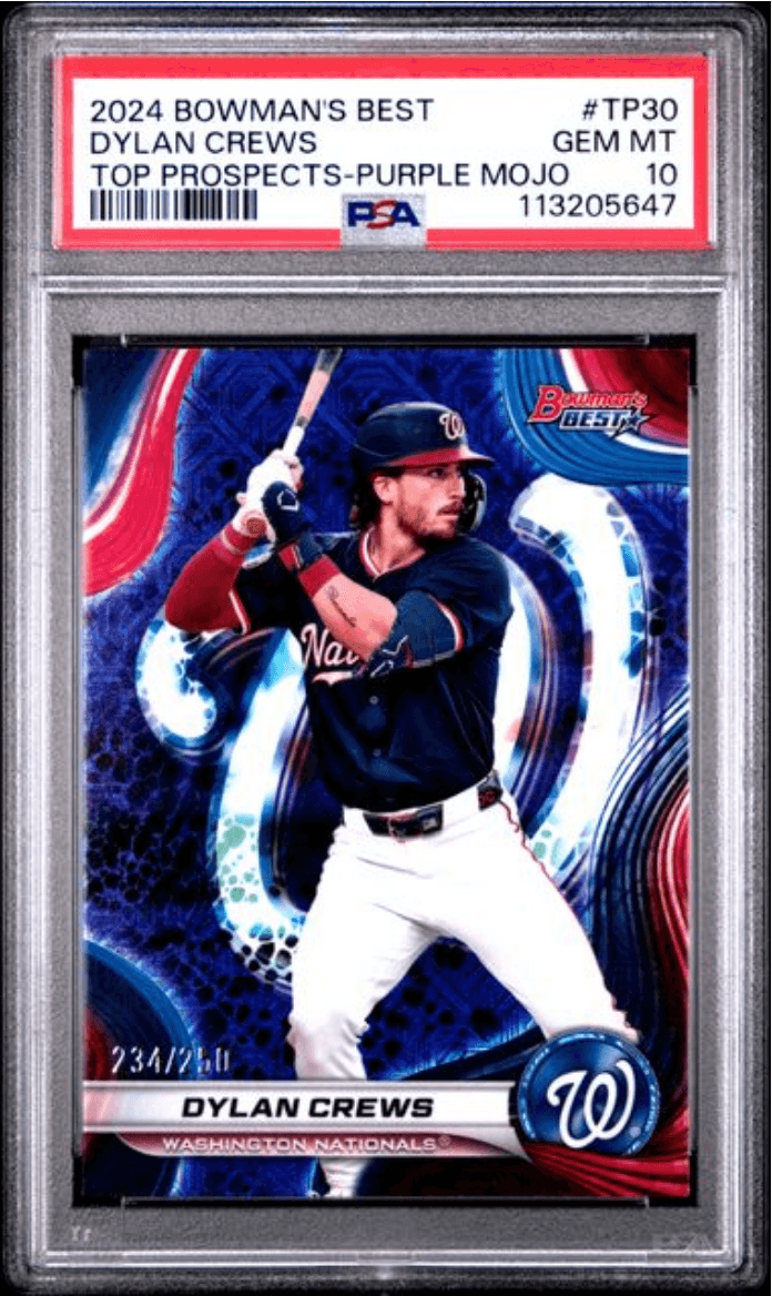 Graded 2024 Topps Bowmans Best Dylan Crews #TP30 Top Prospects Purple Mojo /250 Rookie RC Baseball Card PSA 10 Gem Mint