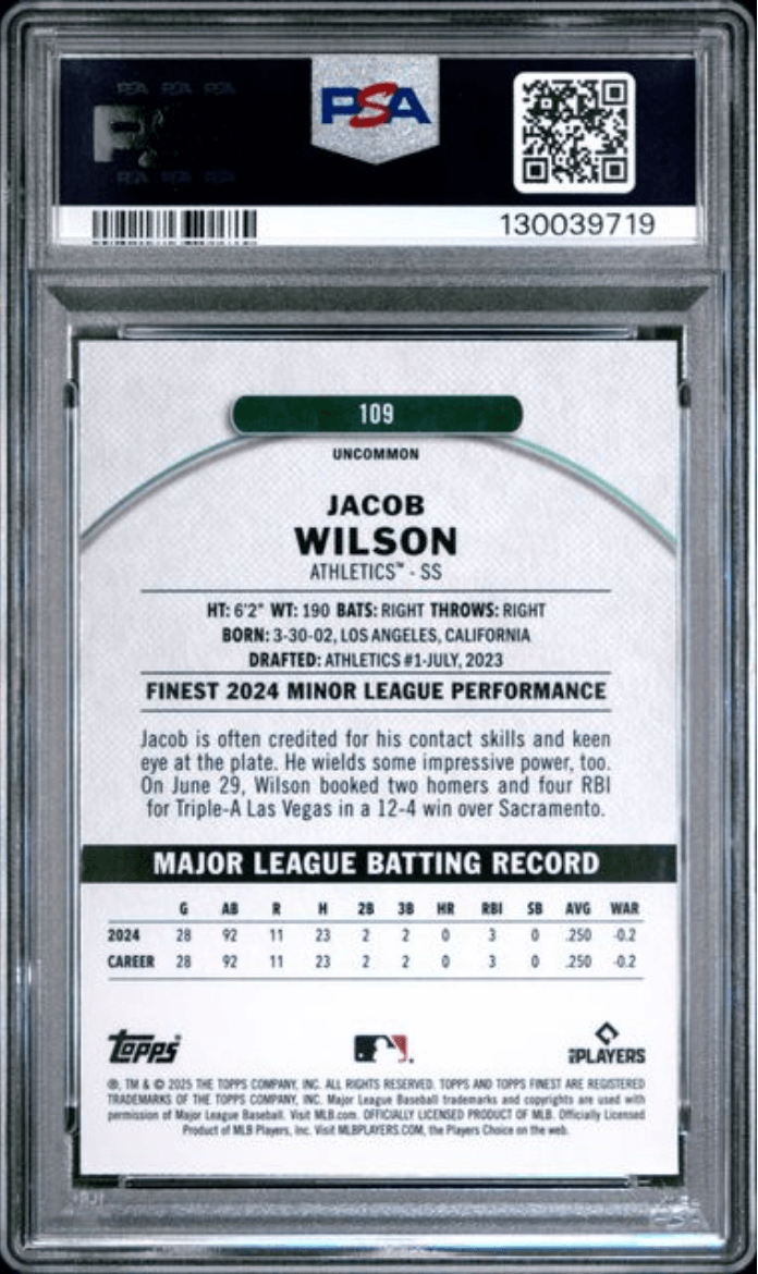 Graded 2025 Topps Finest Jacob Wilson #109 Checkerboard Refractor Rookie RC Baseball Card PSA 10 Gem Mint