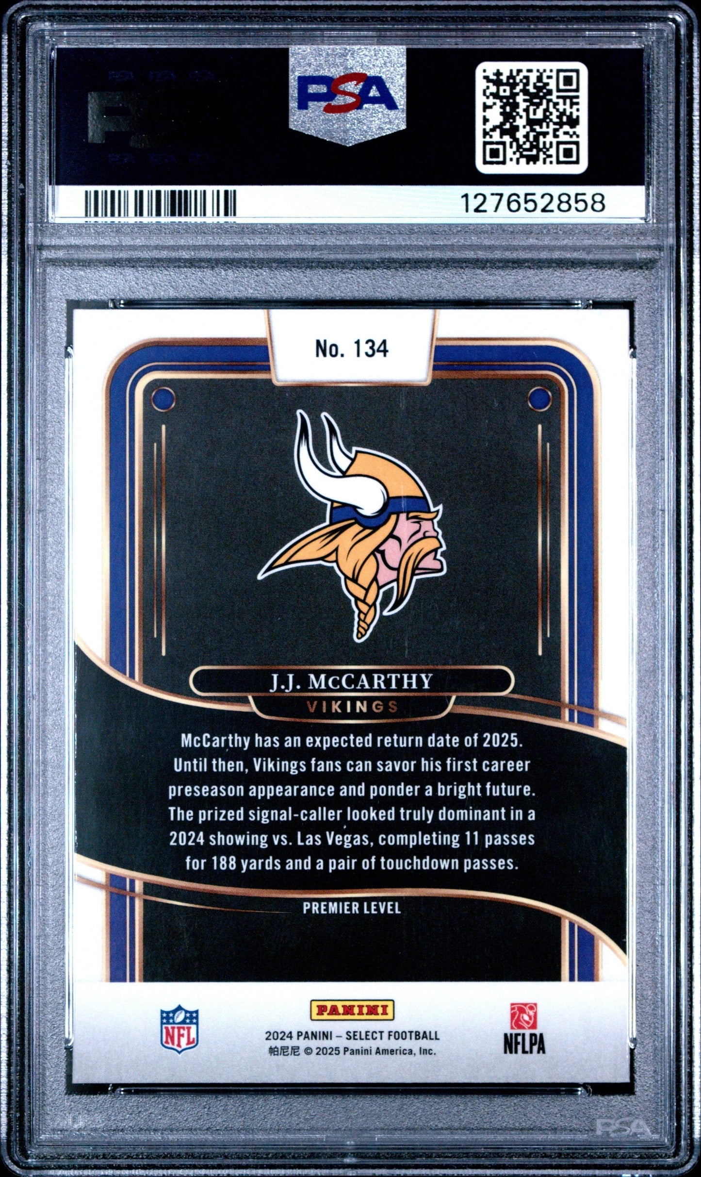 Graded 2024 Panini Select JJ McCarthy #134 Rookie RC Football Card PSA 9 Mint