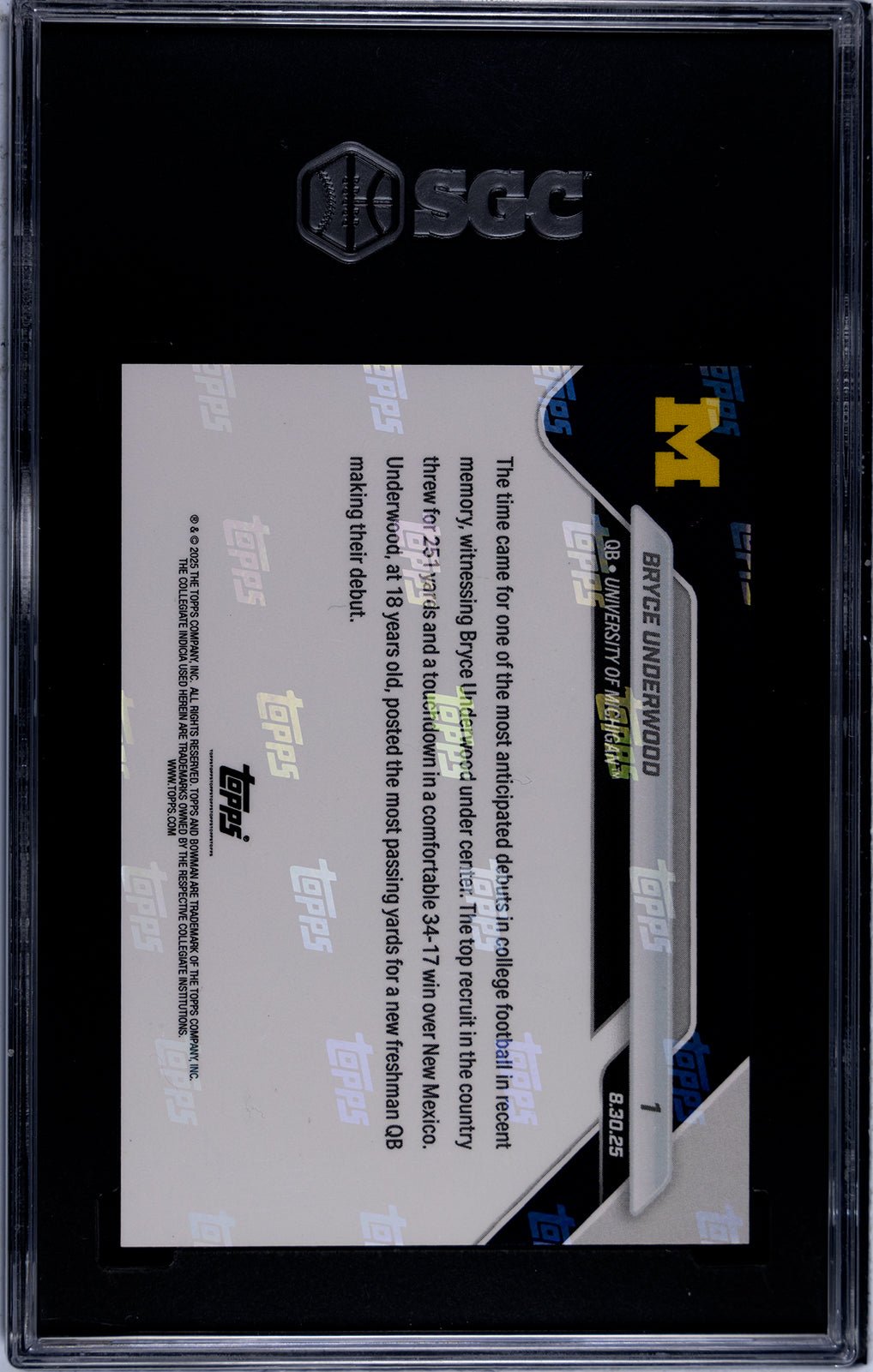 Graded 2025 Topps Bowman U Now Bryce Underwood #1 Generational Recruit Shines in Wolverines Debut Rookie RC Football Card SGC 9 Mint