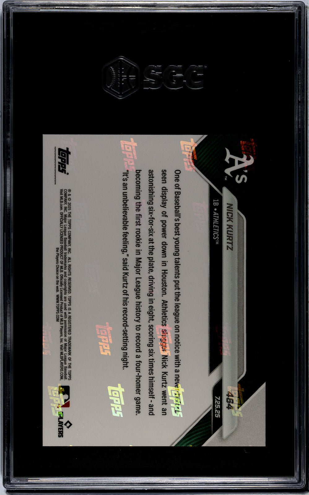 Graded 2025 Topps Now Nick Kurtz #464 1st Rookie in MLB History With a Four Homer Game Rookie RC Baseball Card SGC 10 Gem Mint