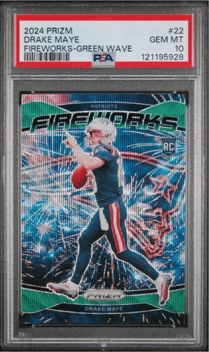 Graded 2024 Panini Prizm Drake Maye #22 Fireworks Green Wave Rookie RC Football Card PSA 10 Gem Mint