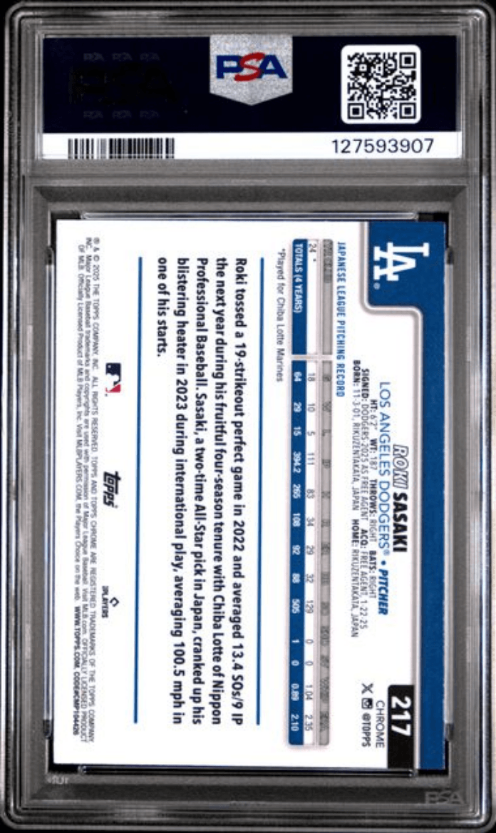 Graded 2025 Topps Chrome Roki Sasaki #217 Raywave Rookie RC Baseball Card PSA 10 Gem Mint