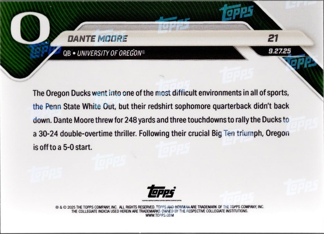 2025 Topps Bowman U Now Dante Moore #21 Black Foil /10 Oregon Ducks Rookie RC Football Card