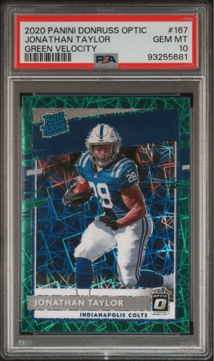 Graded 2020 Panini Donruss Optic Jonathan Taylor #167 Green Velocity Rookie RC Football Card PSA 10 Gem Mint