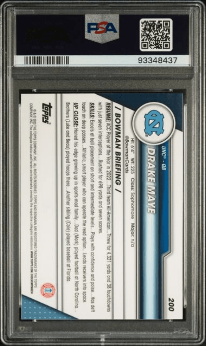 Graded 2023 Topps Bowman U Sapphire Drake Maye #200 Rookie RC Football Card PSA 10 Gem Mint