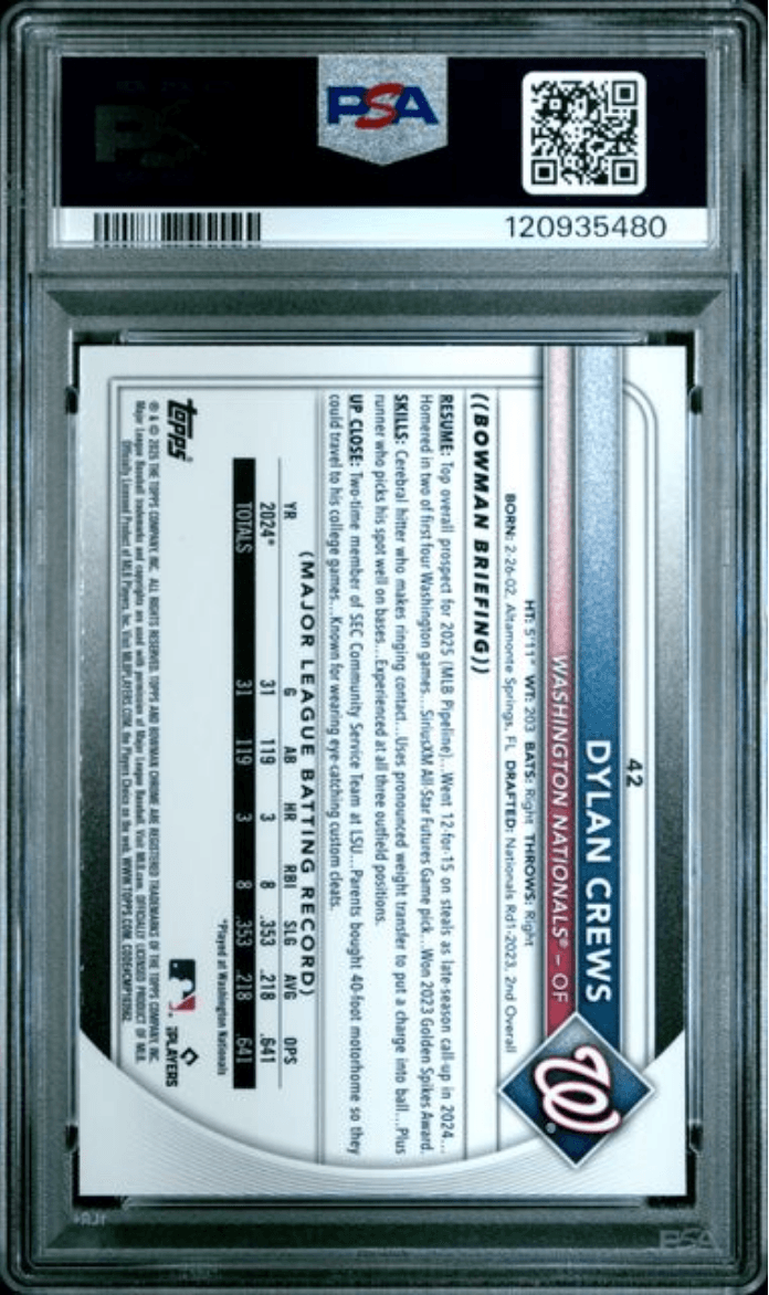 Graded 2025 Topps Bowman Mega Box Dylan Crews #42 Purple Refractor /250 Rookie RC Baseball Card PSA 10 Gem Mint