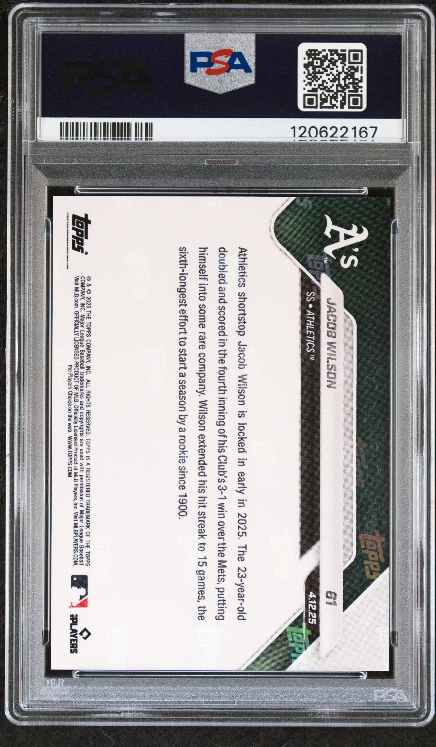 Graded 2025 Topps Now Jacob Wilson #61 Black Foil /10 Rookie RC Baseball Card PSA 9 Mint