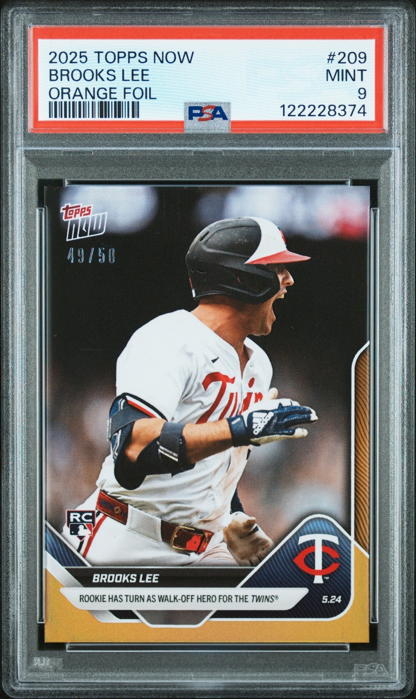 Graded 2025 Topps Now Brooks Lee #209 Orange Foil /25 Rookie RC Baseball Card PSA 9 Mint