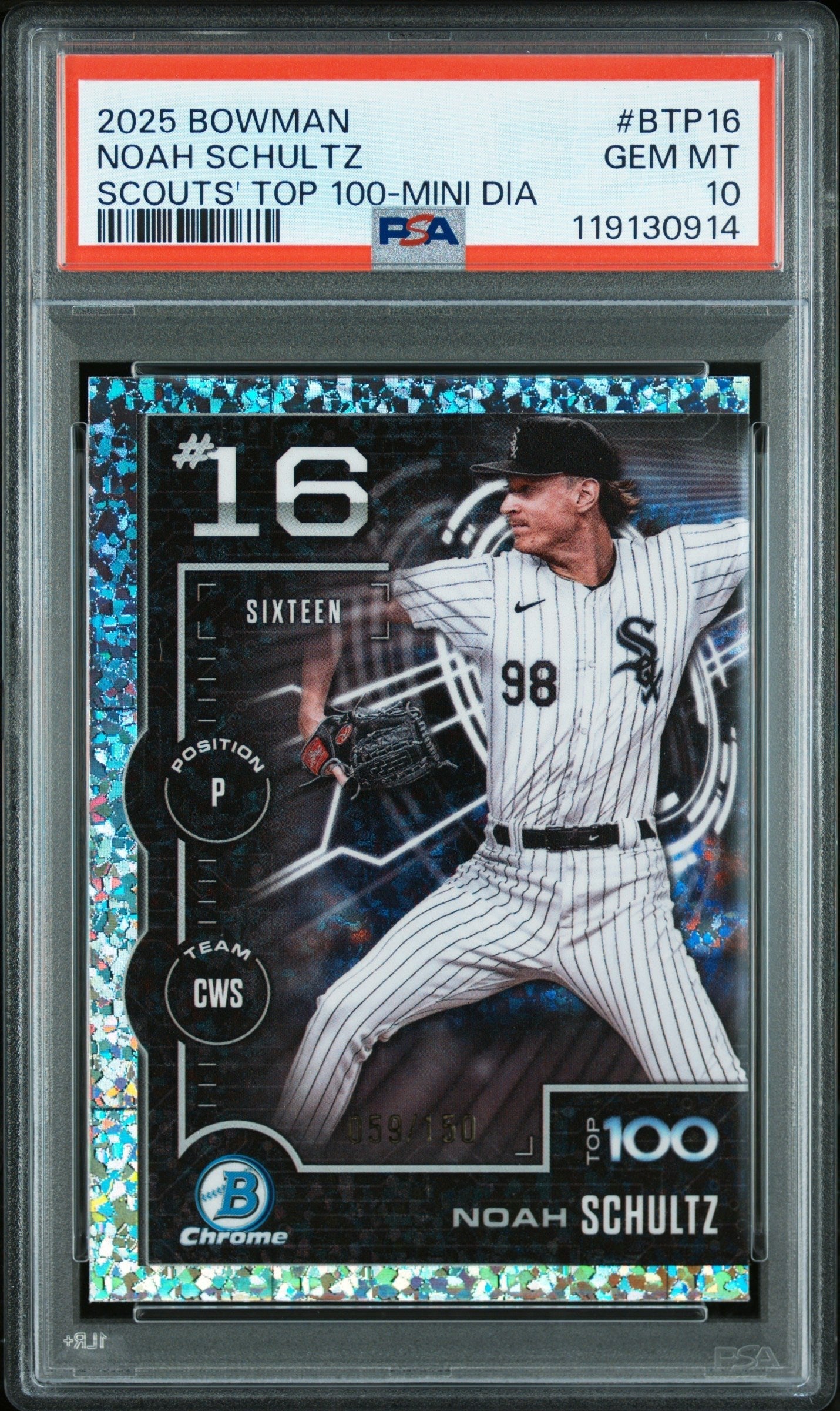 Graded 2025 Topps Bowman Noah Schultz #BTP16 Scouts Top 100 Mini Diamond /150 Rookie RC Baseball Card PSA 10 Gem Mint