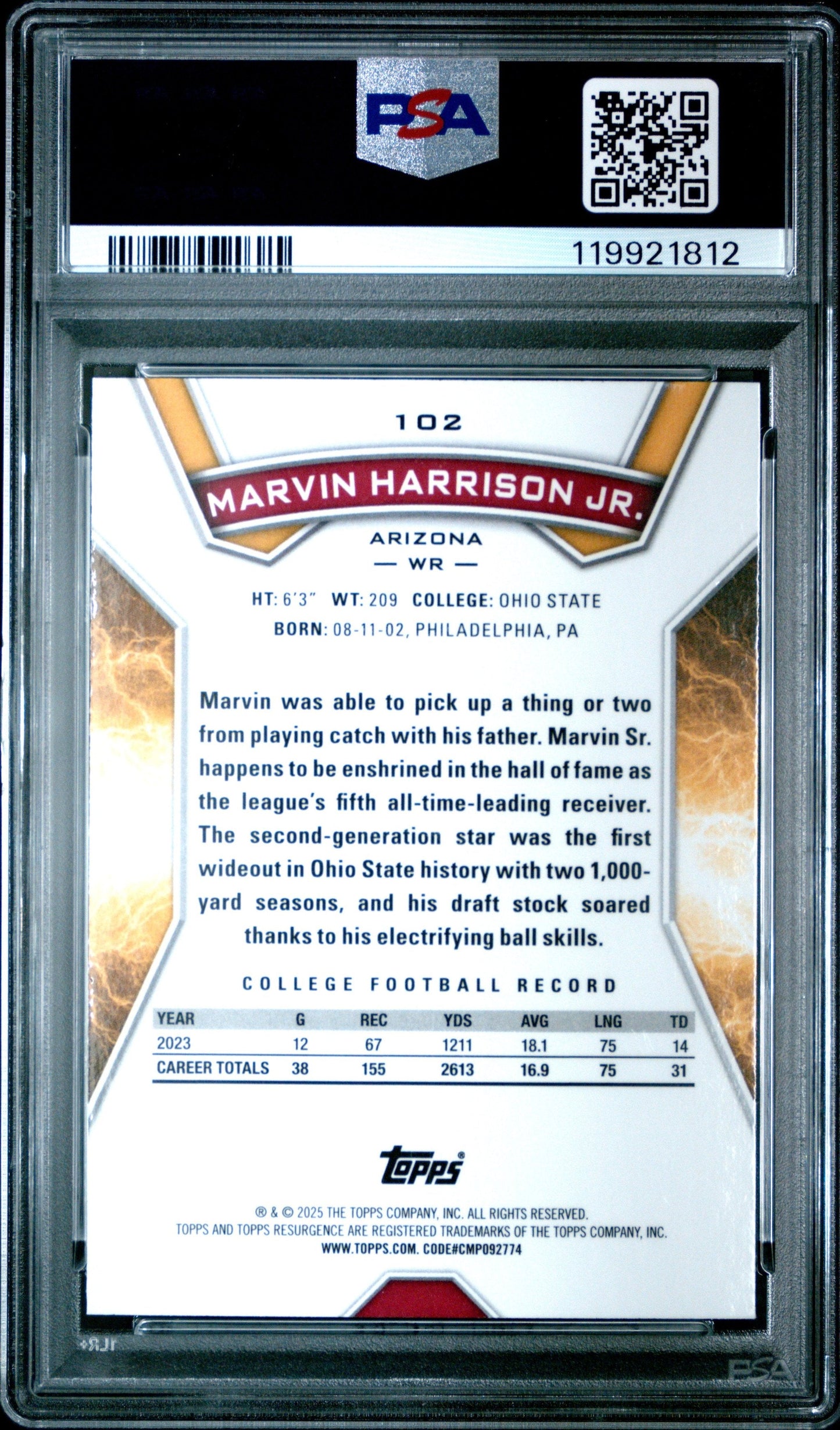 Graded 2024 Topps Resurgence Marvin Harrison Jr #102 Sky Blue & Pink Shock Rookie RC Football Card PSA 10 Gem Mint