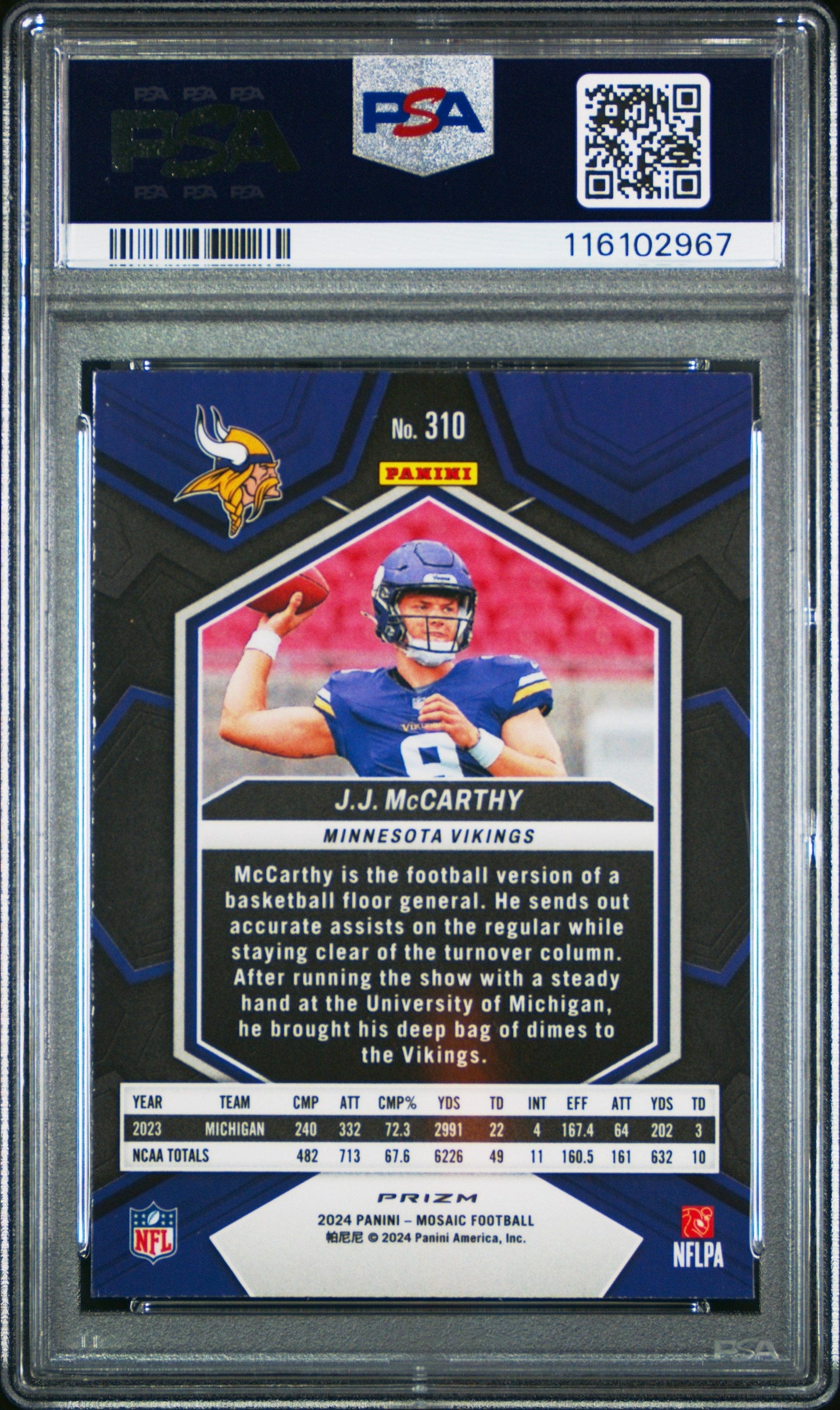 Graded 2024 Panini Mosaic JJ McCarthy #310 Reactive Blue Rookie RC Football Card PSA 10 Gem Mint