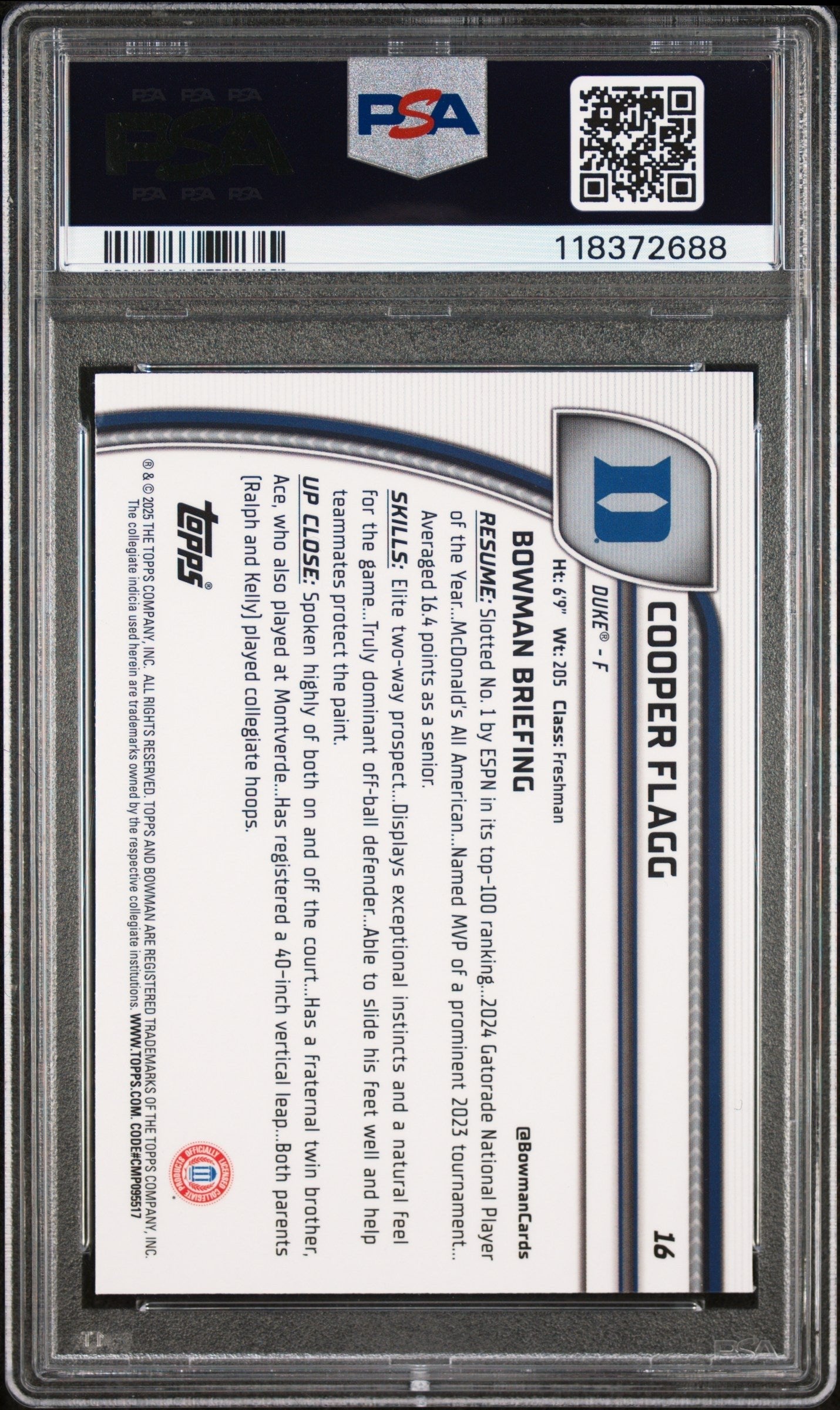 Graded 2024 Topps Bowman Chrome U Cooper Flagg #16 Green Shimmer Rookie RC Basketball Card PSA 10 Gem Mint