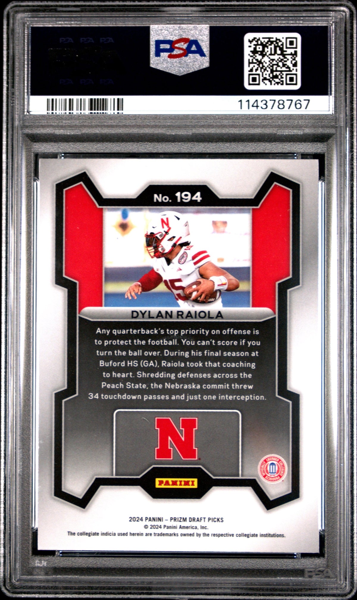 Graded 2024 Panini Prizm Draft Picks Dylan Raiola #194 Rookie RC Football Card PSA 10 Gem Mint