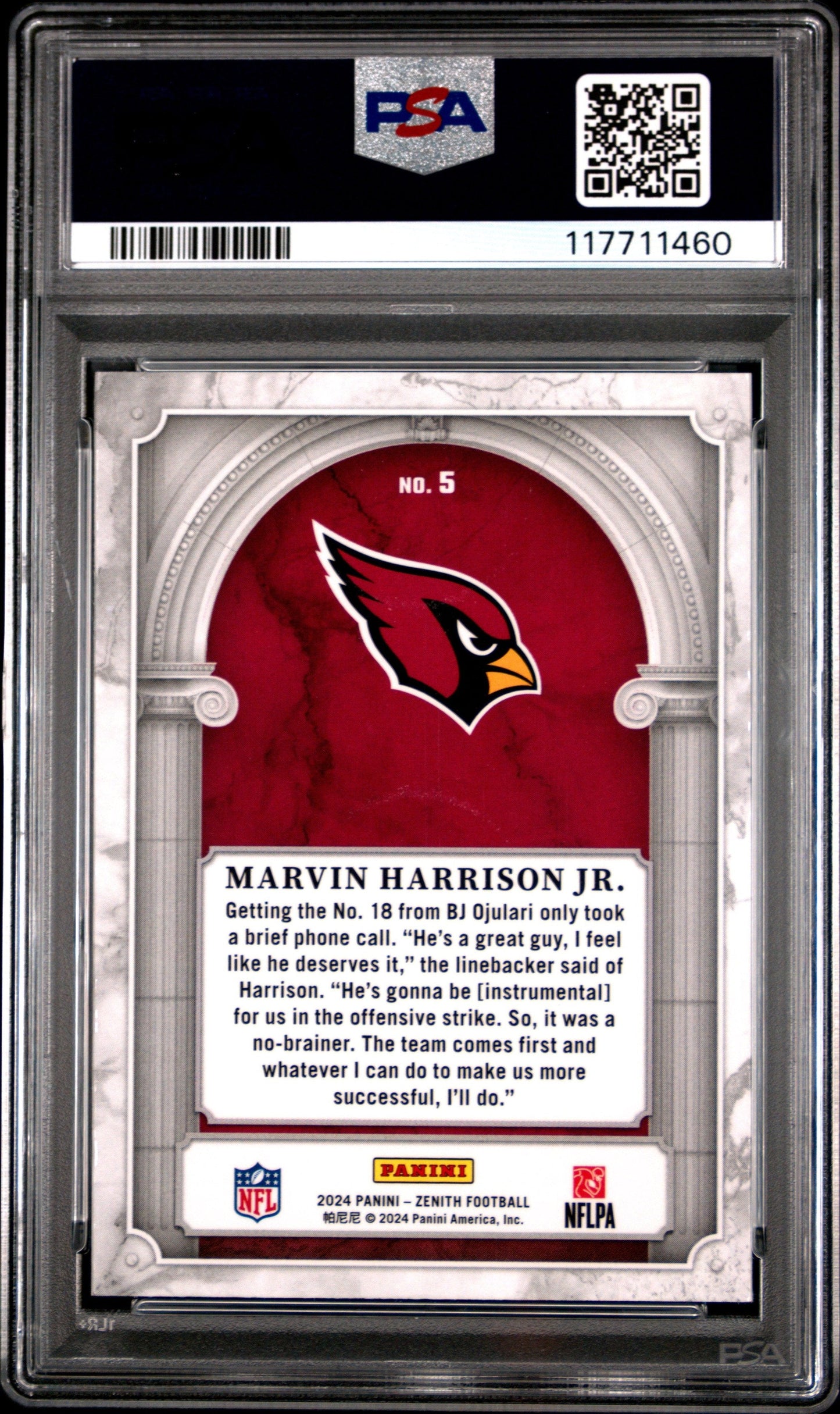 Graded 2024 Panini Zenith Marvin Harrison Jr #5 Z Marquee Rookie RC Football Card PSA 10 Gem Mint