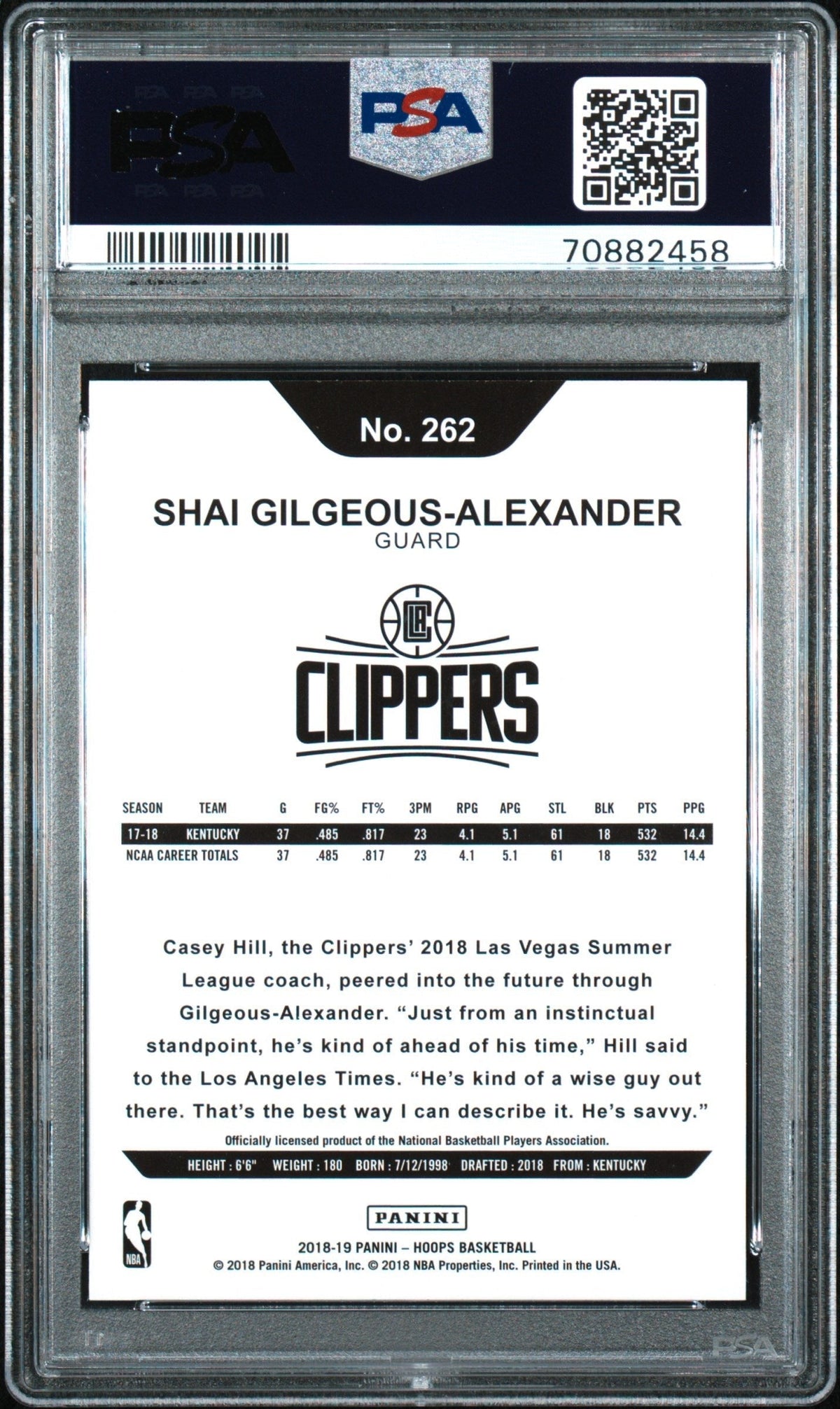 Graded 2018 Panini Hoops Shai Gilgeous-Alexander #262 Rookie RC Basketball Card PSA 10 Gem Mint