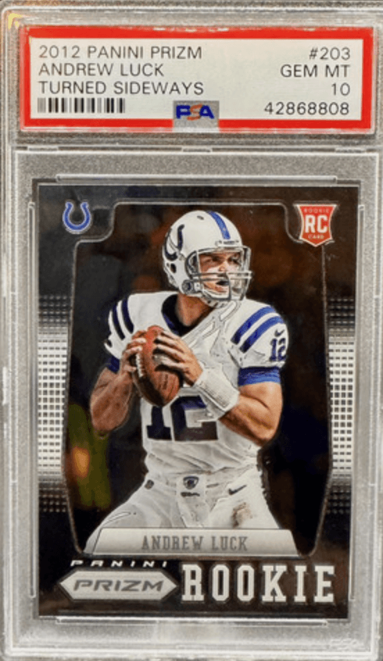 Graded 2012 Panini Prizm Andrew Luck #203 Turned Sideways Rookie RC Football Card PSA 10 Gem Mint