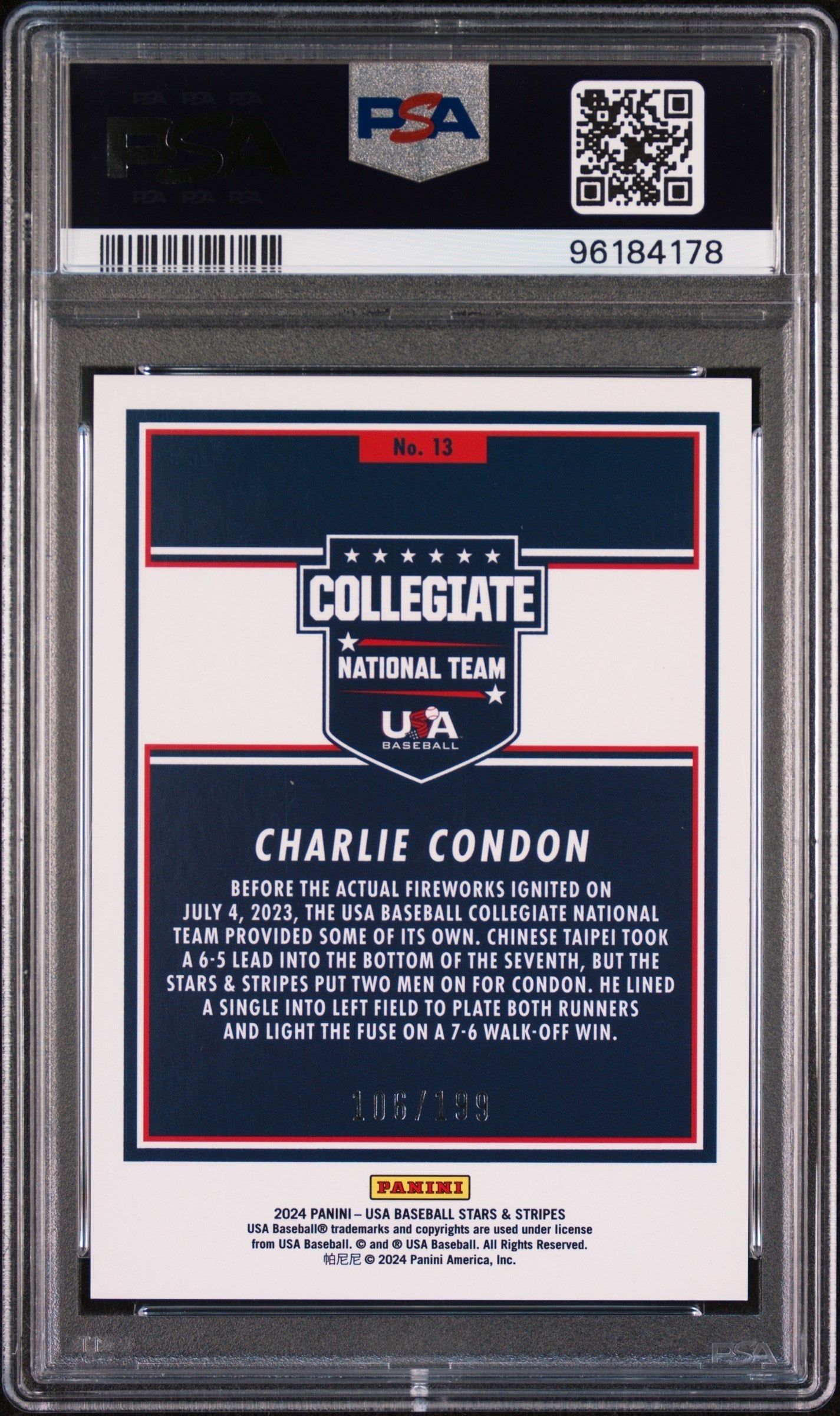 Graded 2024 Panini Stars & Stripes USA Charlie Condon #13 /199 Rookie RC Baseball Card PSA 10 Gem Mint