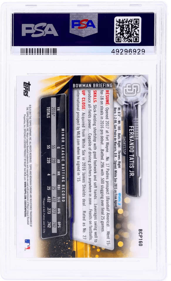 Graded 2017 Topps Bowman Chrome Fernando Tatis Jr. #BCP160 Prospects Rookie RC Baseball Card PSA 10 Gem Mint