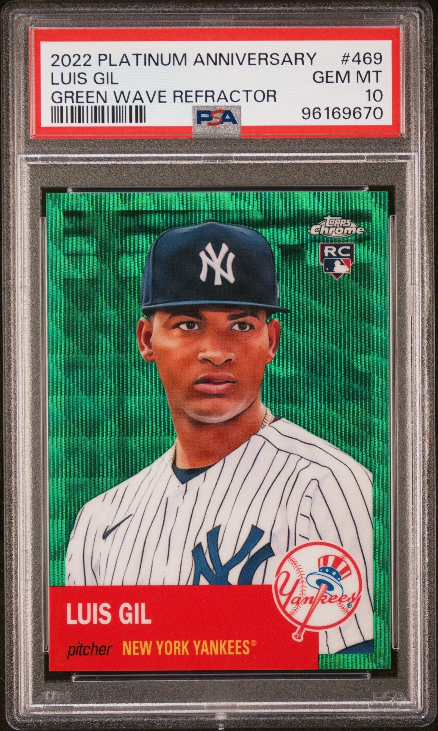 Graded 2022 Topps Platinum Anniversary Luis Gil #469 Green Wave Refractor /99 Rookie RC Baseball Card PSA 10 Gem Mint