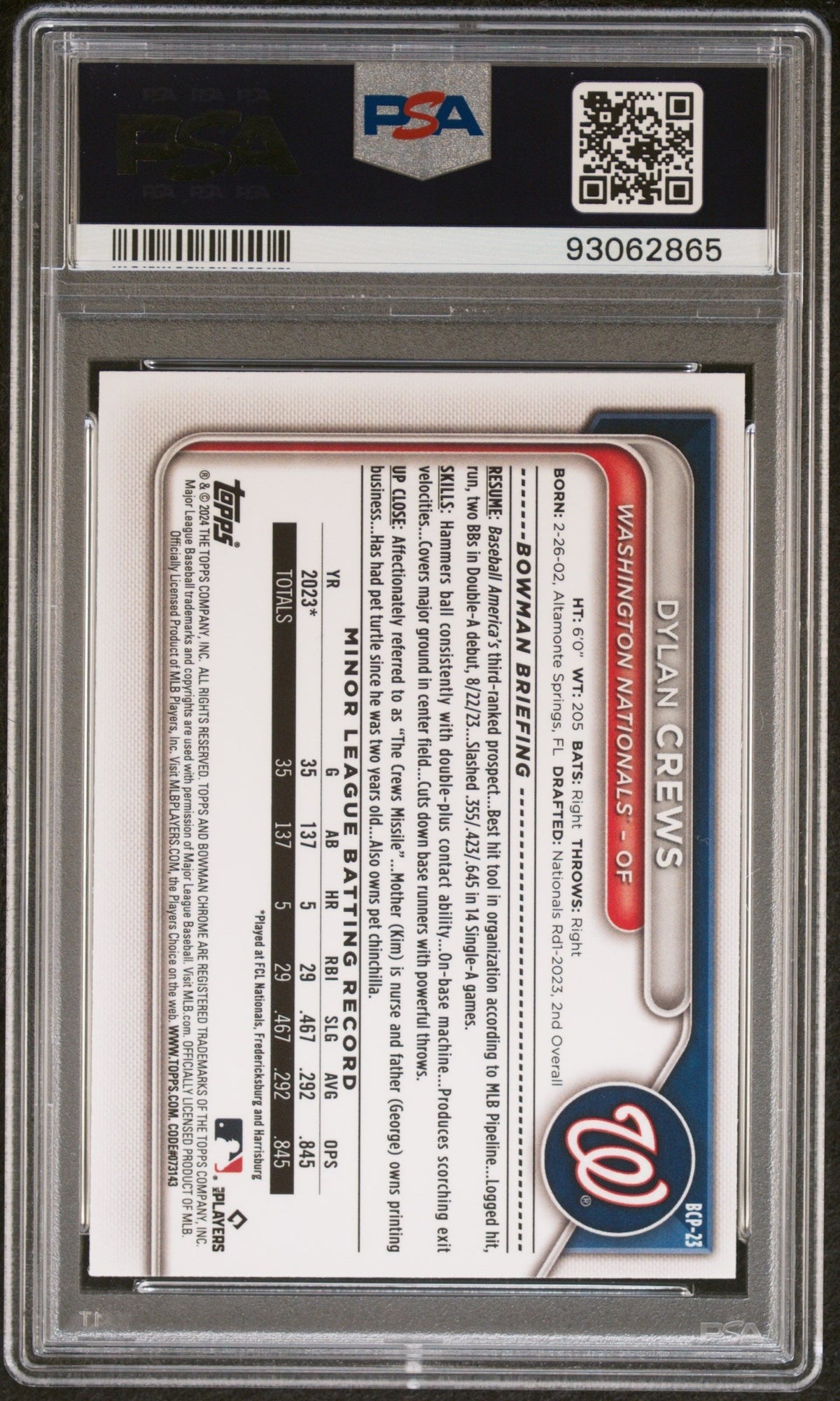 Graded 2024 Topps Bowman Dylan Crews #BCP23 Chrome Prospects Lunar Glow Rookie RC Baseball Card PSA 10 Gem Mint