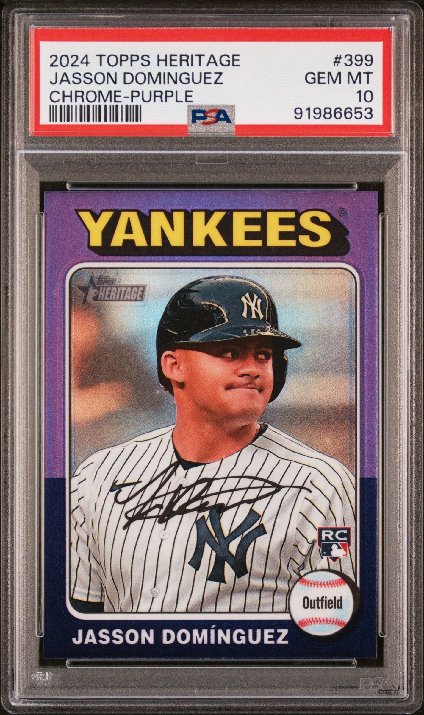 Graded 2024 Topps Heritage Jasson Dominguez #399 Chrome Purple Rookie RC Baseball Card PSA 10 Gem Mint