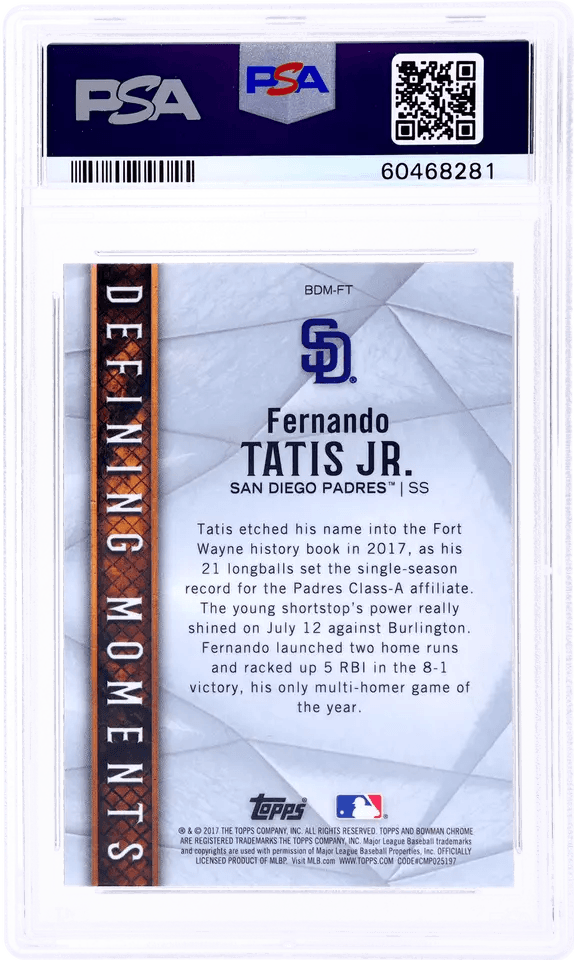 Graded 2017 Topps Bowman Draft Fernando Tatis Jr. #BDMFT Bowman Defining Moments Rookie RC Baseball Card PSA 10 Gem Mint