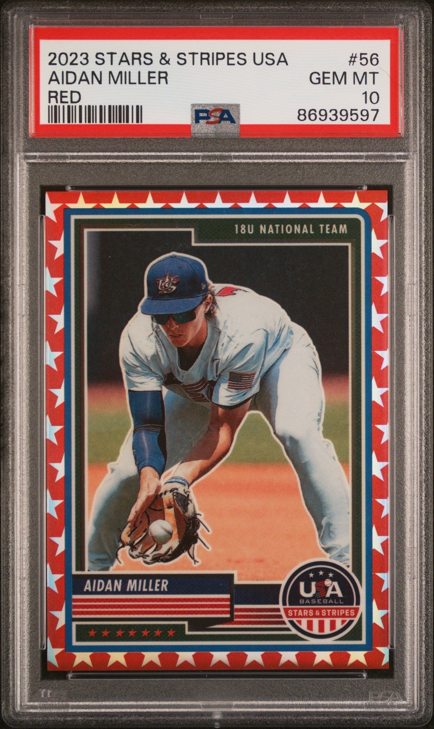 Graded 2023 Panini Stars & Stripes USA Aidan Miller #56 Red /149 Rookie RC Baseball Card PSA 10 Gem Mint