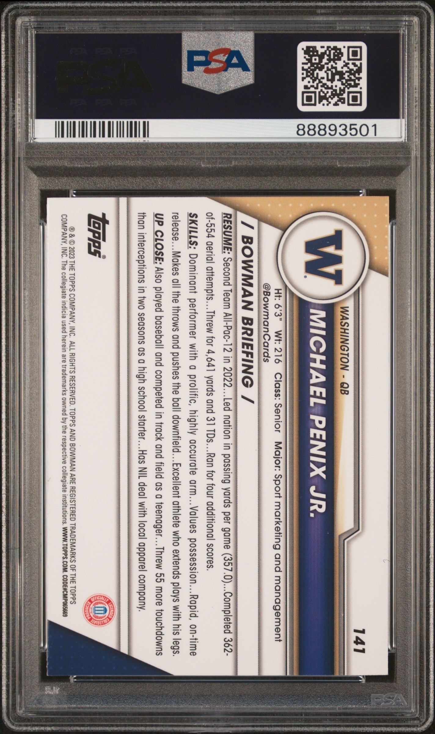 Graded 2023 Bowman U Chrome Michael Penix Jr. #141 Xfractor Rookie RC Football Card PSA 10 Gem Mint