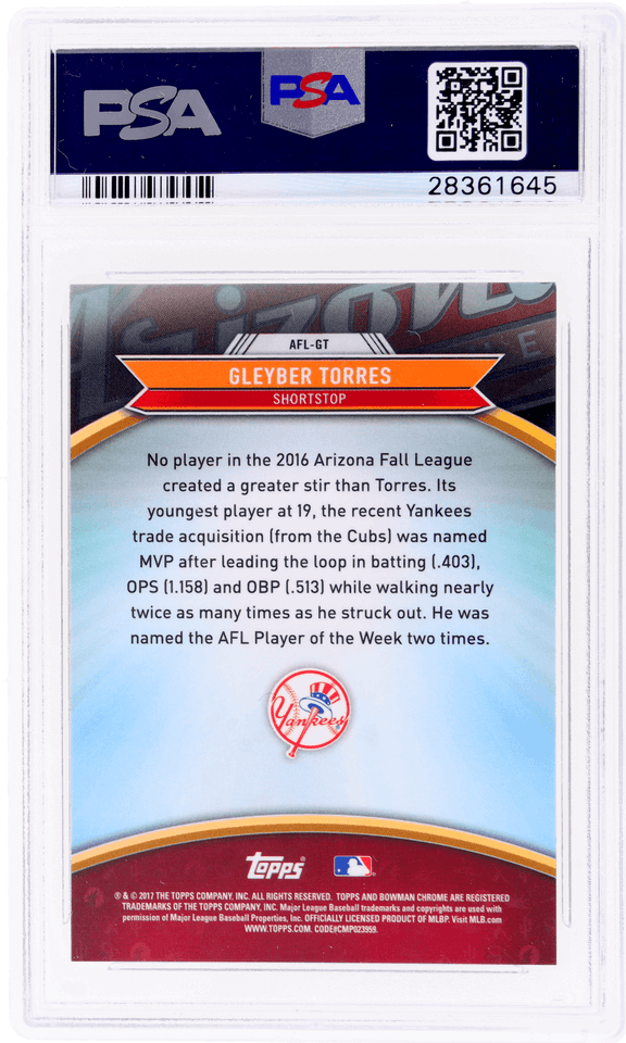 Graded 2017 Topps Bowman Chrome Gleyber Torres #AFLGT 2016 AFL Fall Stars Rookie RC Baseball Card PSA 10 Gem Mint