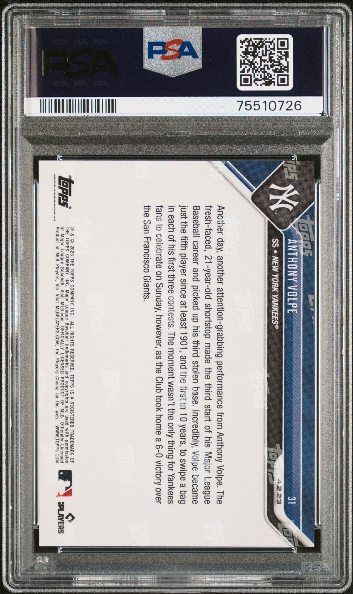 Graded 2023 Topps Now Anthony Volpe #31 Rookie RC Baseball Card PSA 10 Gem Mint