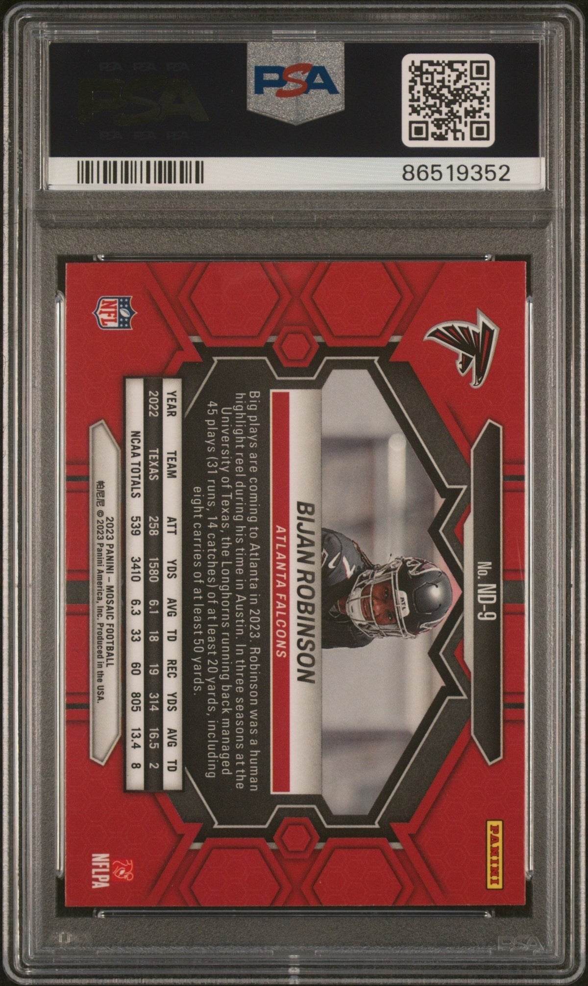 Graded 2023 Panini Mosaic Bijan Robinson #ND9 NFL Debut Rookie RC Football Card PSA 10 Gem Mint