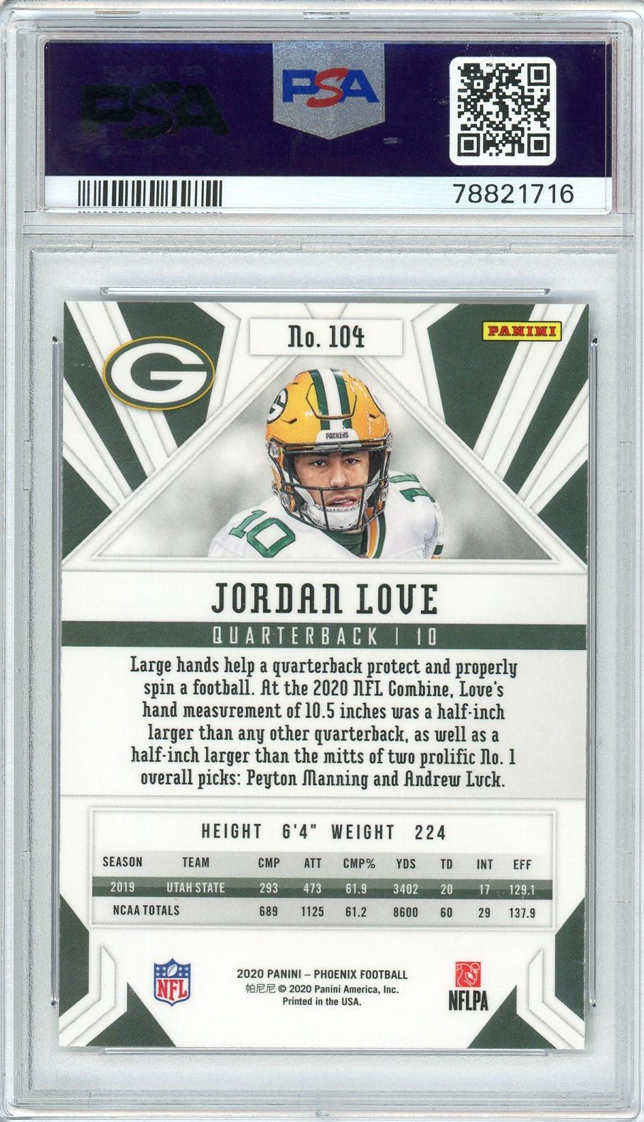 Graded 2020 Panini Phoenix Jordan Love #104 Fire Burst Rookie RC Football Card PSA 10 Gem Mint