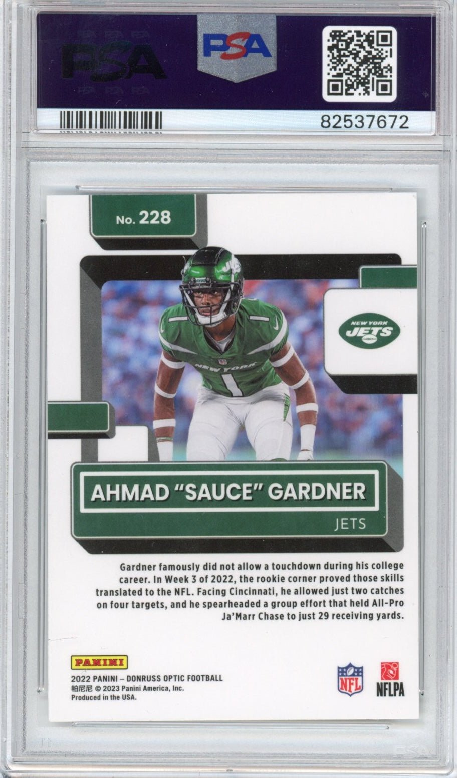 Graded 2022 Panini Donruss Optic Ahmad Sauce Gardner #228 Rookie RC Football Card PSA 9 Mint