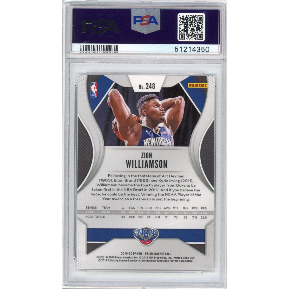 Graded 2019-20 Panini Prizm Zion Williamson #248 Rookie RC Basketball Card PSA 10 Gem Mint