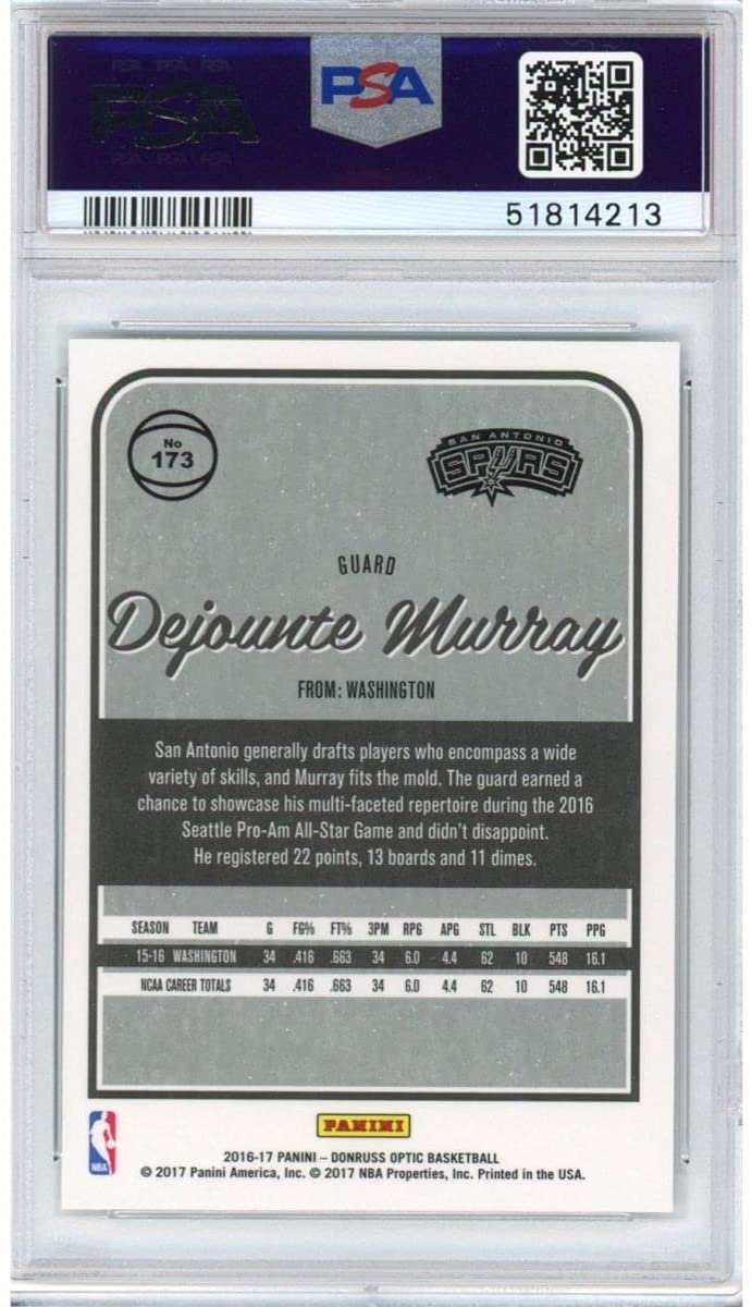 Graded 2016-17 Panini Donruss Optic Dejounte Murray #173 Rookie RC Basketball Card PSA 10 Gem Mint
