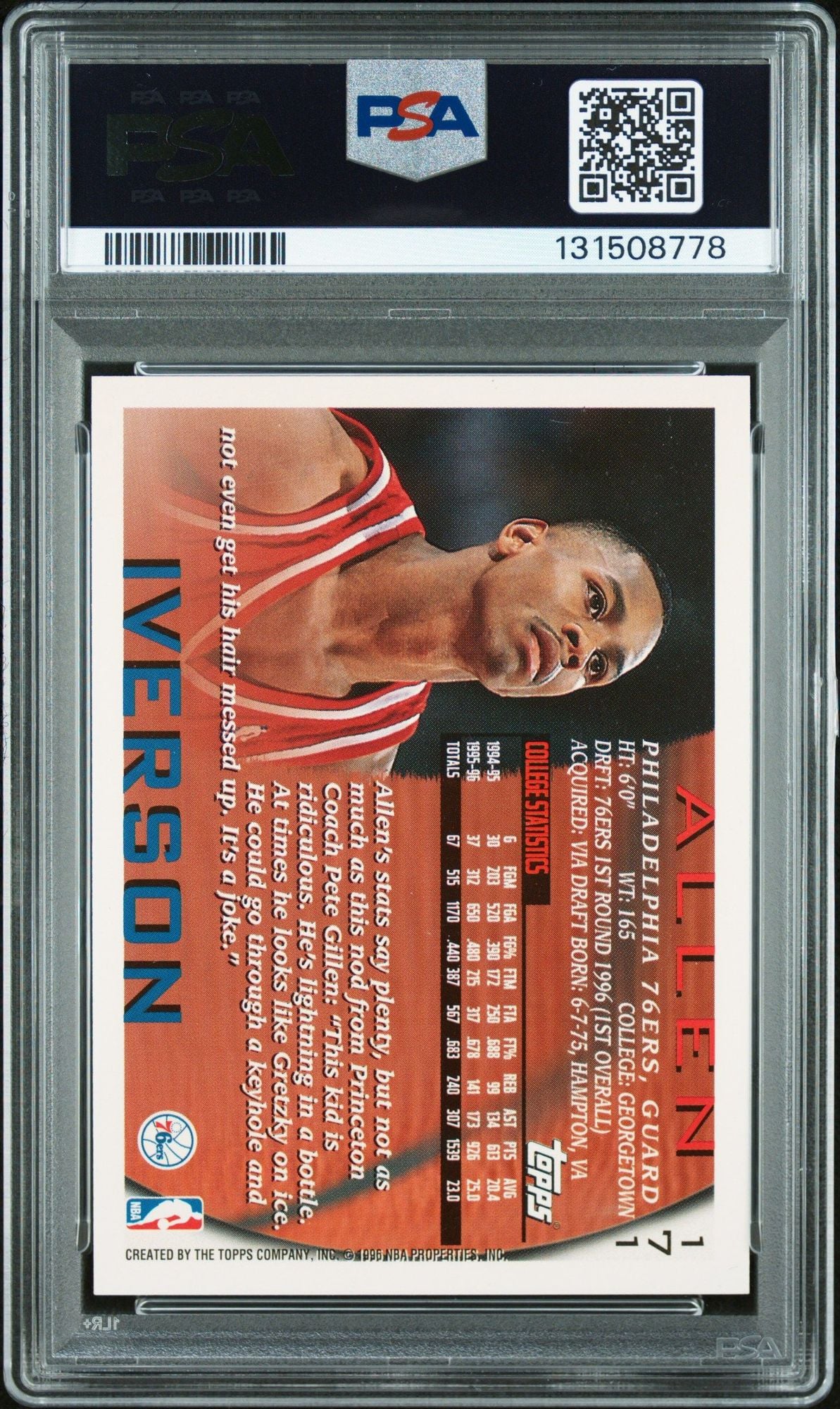 Graded 1996 Topps Allen Iverson #171 Rookie RC Basketball Card PSA 10 Auto Grade Gem Mint
