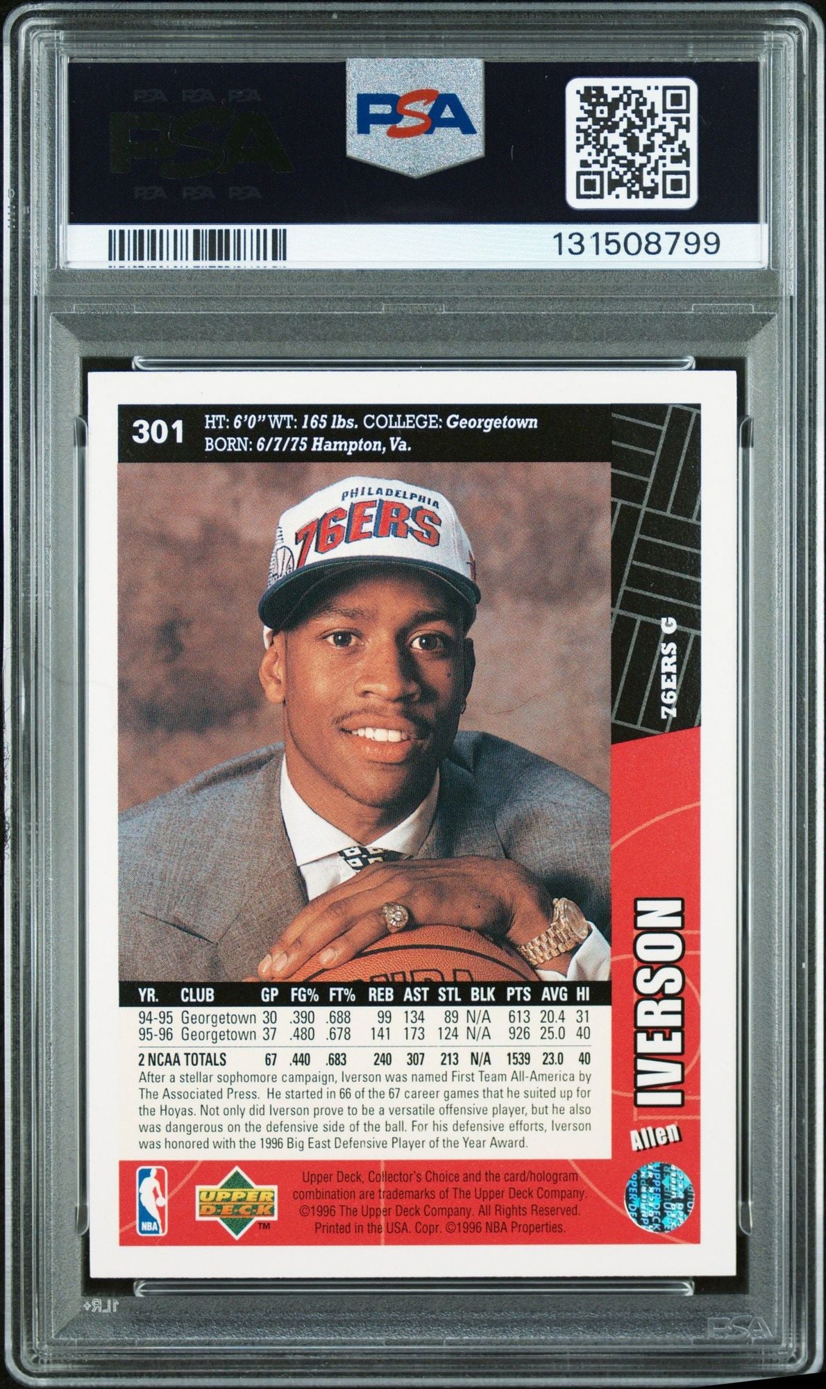 Graded 1996 Upper Deck UD Collector's Choice Allen Iverson #301 Rookie RC Basketball Card PSA 10 Auto Grade Gem Mint