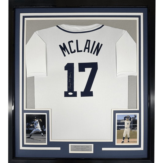 Framed Autographed/Signed Denny McLain 35x39 Detroit White Baseball Jersey JSA COA